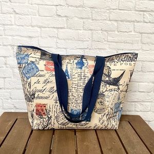Handmade Foldable Travel/Market Tote - Denim Blue Paris Print